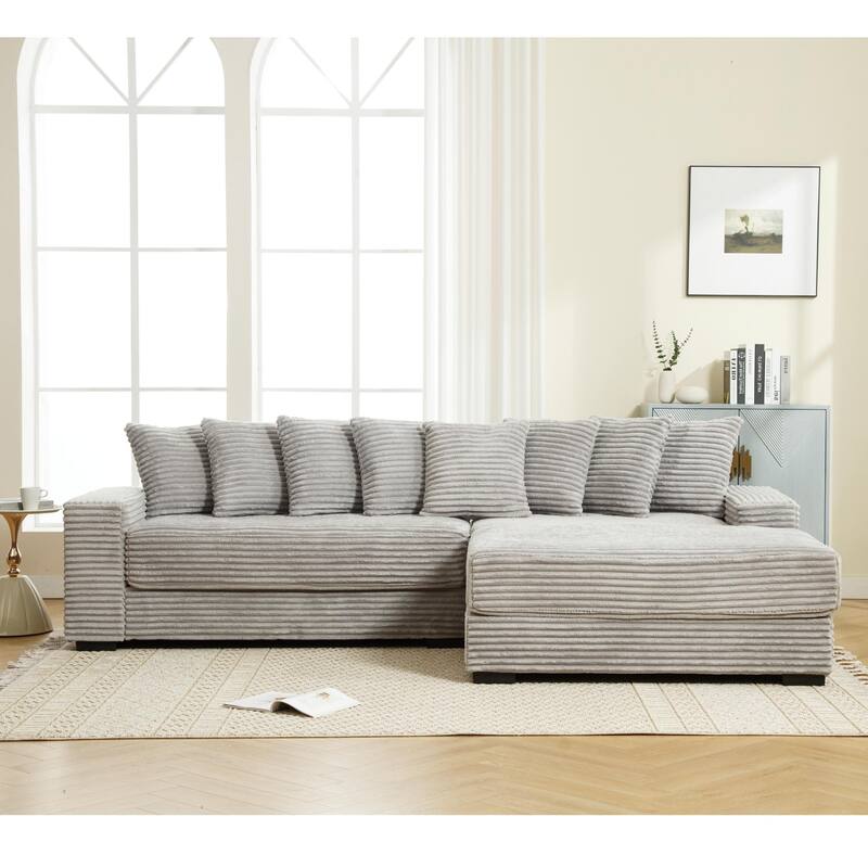 L Shaped Sectional Sleeper Sofa Corduroy Corner Sofa with Chaise Lounge and 8 Throw Pillows, Oversized Modular Daybed