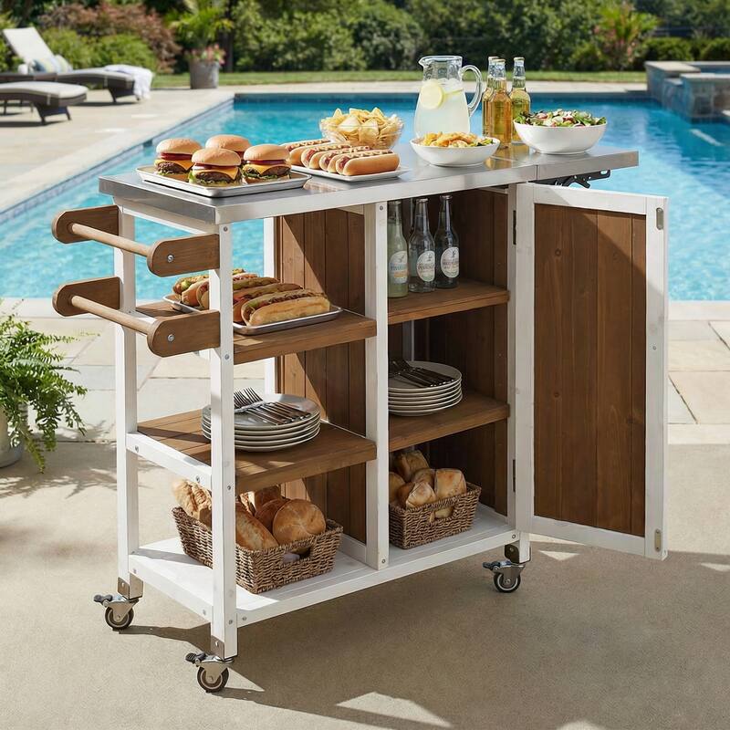 Foldable Outdoor Portable Kitchen Island Cart with Lockable Wheels, Storage Cabinet & Towel Rack