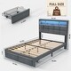 preview thumbnail 12 of 21, Full Size Upholstered Bed Frame with LED Lights and Charging Ports, Storage Headboard with Shelves