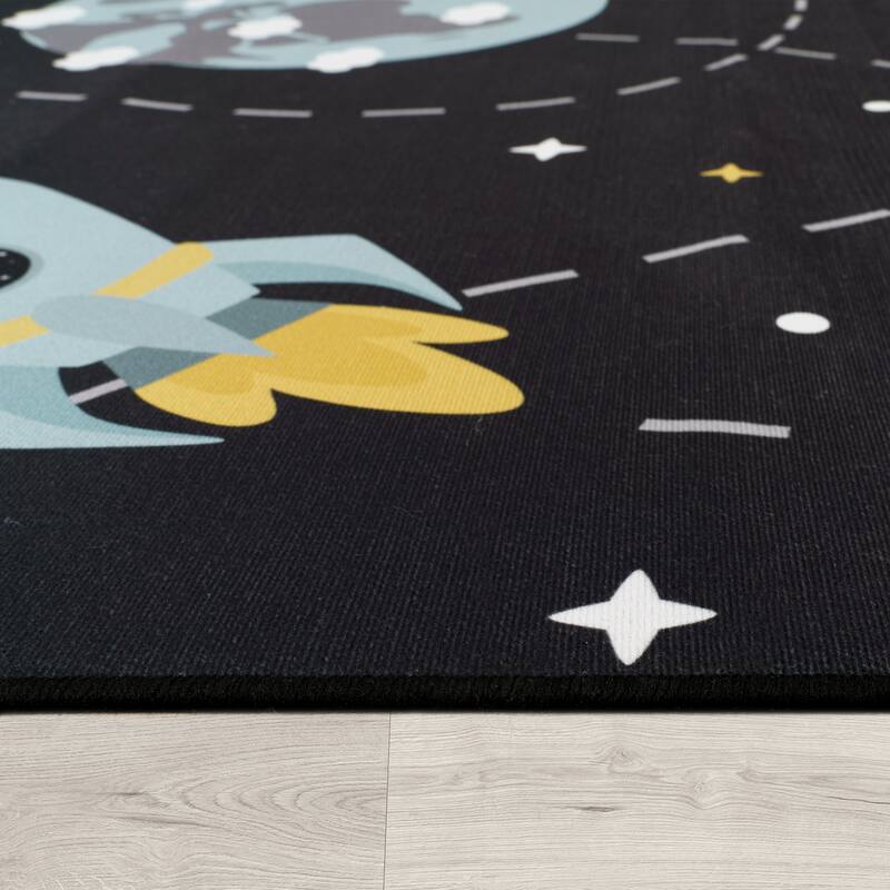 Space Kids Rug Non-Slip Play Mat with Rockets and Planets