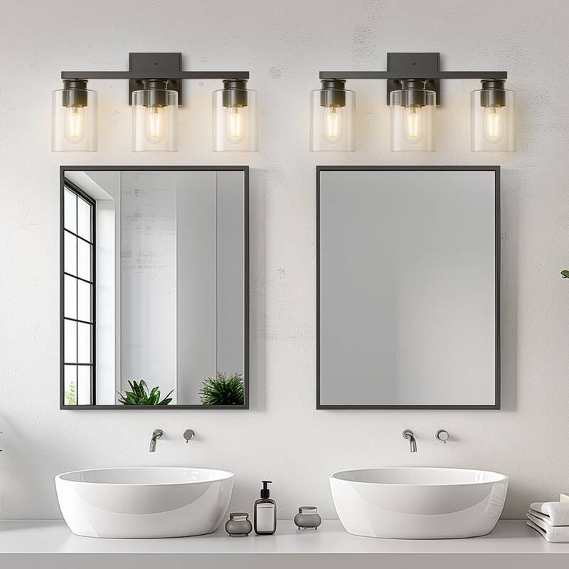 YANSUN 3-Light Bathroom Light Fixtures, Black Vanity Lights with Clear Glass Shade