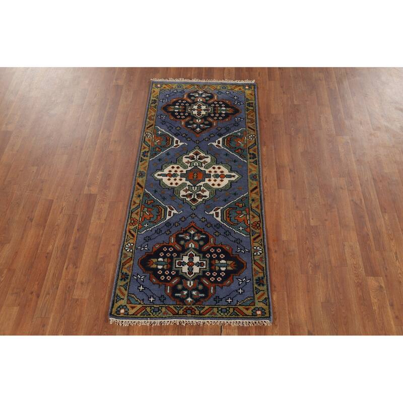 Blue Geometric Kazak Indian Accent Rug Handmade Floral Wool Carpet - 2'7"x 5'10"