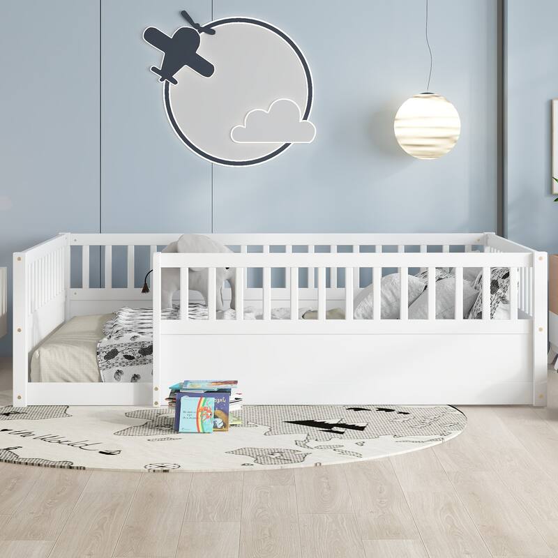 Full Floor Bed Frame with Fence, Montessori wooden children's floor bed,Wood Kids Floor Beds Frame for Bedroom Playroom