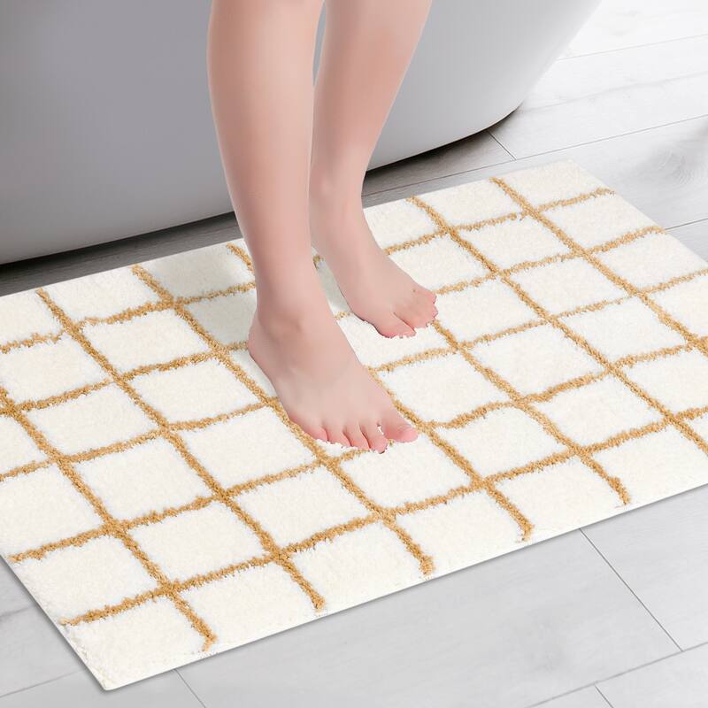 Checkered Non Slip Bath Mats, Soft Fluffy Absorbent Bathroom Rugs for Shower, Sink - Brown-1 - 16" x 24"