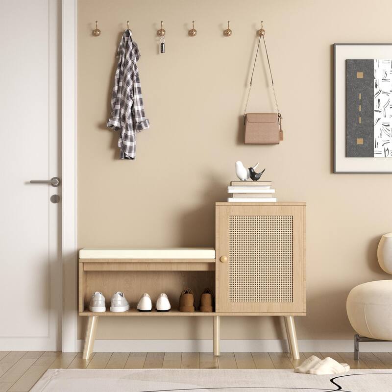 2-in-1 Rattan Shoe Bench with Hidden Storage & Cushioned Seat