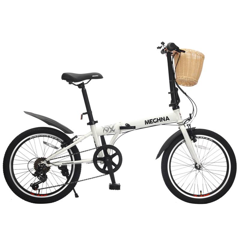 Folding City Bike - Steel Frame, 6-Speed, Basket, Phone Holder, Fenders, Dual V-Brake, Portable, Unisex Adult - 20