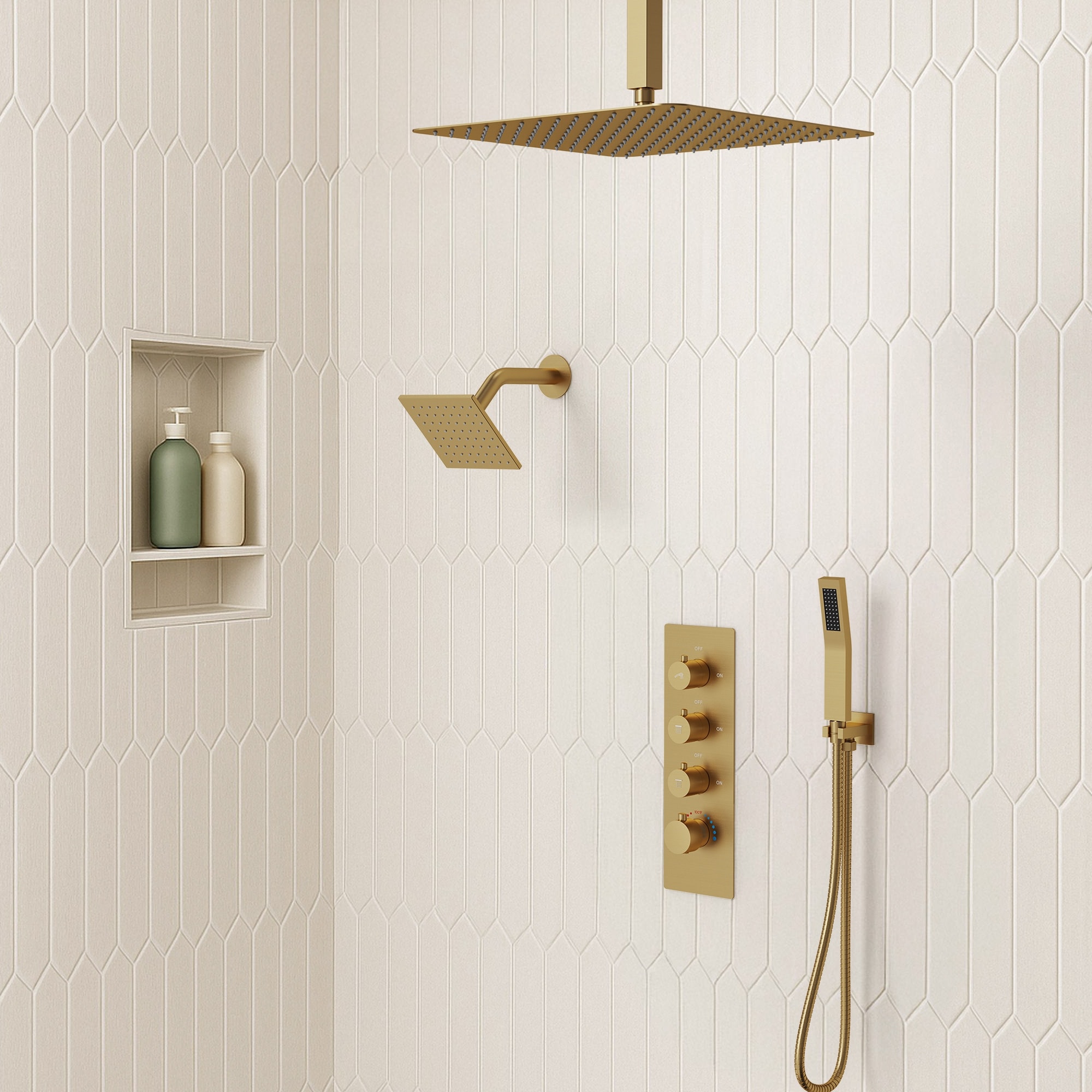 Thermostatic Dual Heads Shower Faucet System 16" Ceiling Mount High-Pressure Rainfall Shower Head & 6" Wall Mount Shower