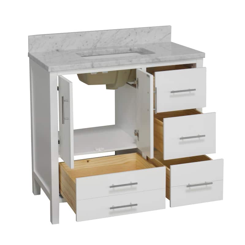 KitchenBathCollection California 36" Bathroom Vanity with Carrara Marble Top
