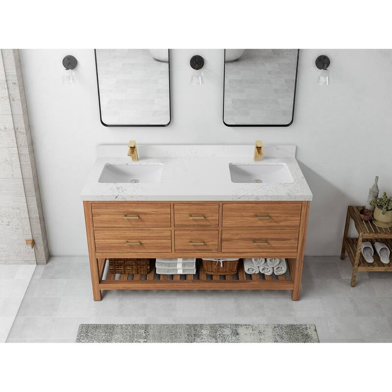 Willow Collections 60 in. W x 22 in. D Parker Solid Teak Double Sink Bathroom Vanity with Countertop - 2"Empira Quartz - Golden Teak