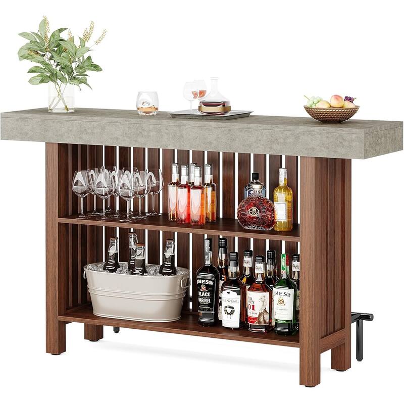 Modern Engineered Wood Home Bar Table with Storage Shelves Grey Counter with Footrest - 62.99”L x 15.75”W x 41.53”H