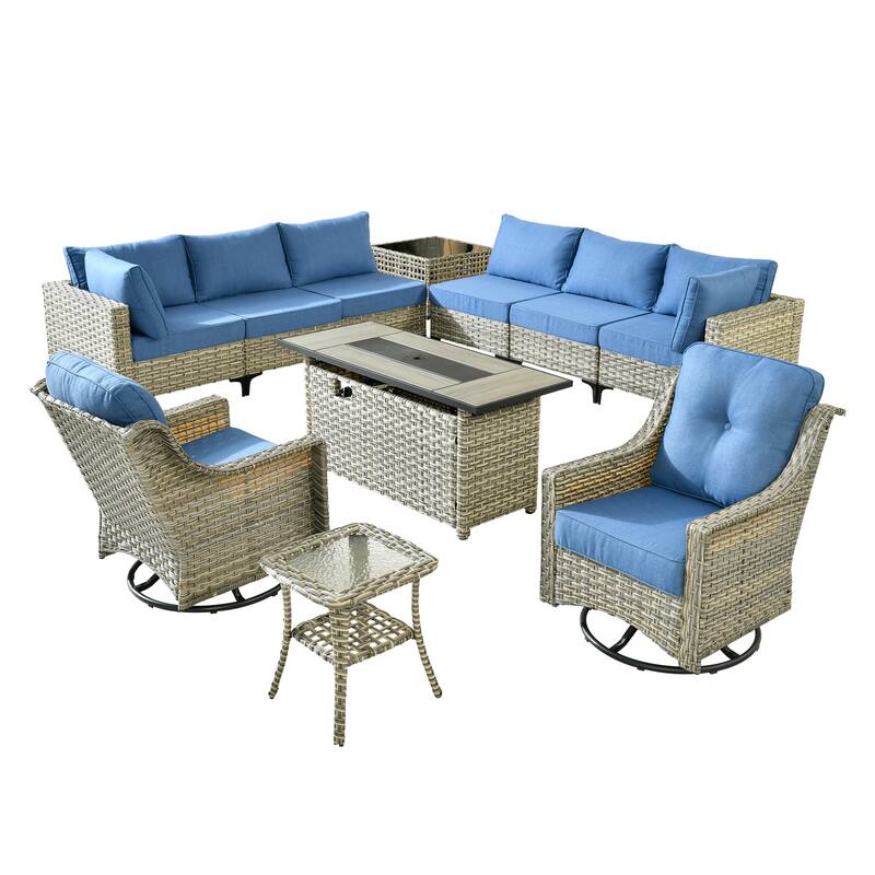 OVIOS 11-Piece Outdoor Wicker Swivel Chair Set With Solar-Powered Coffee Table&Fire Pit