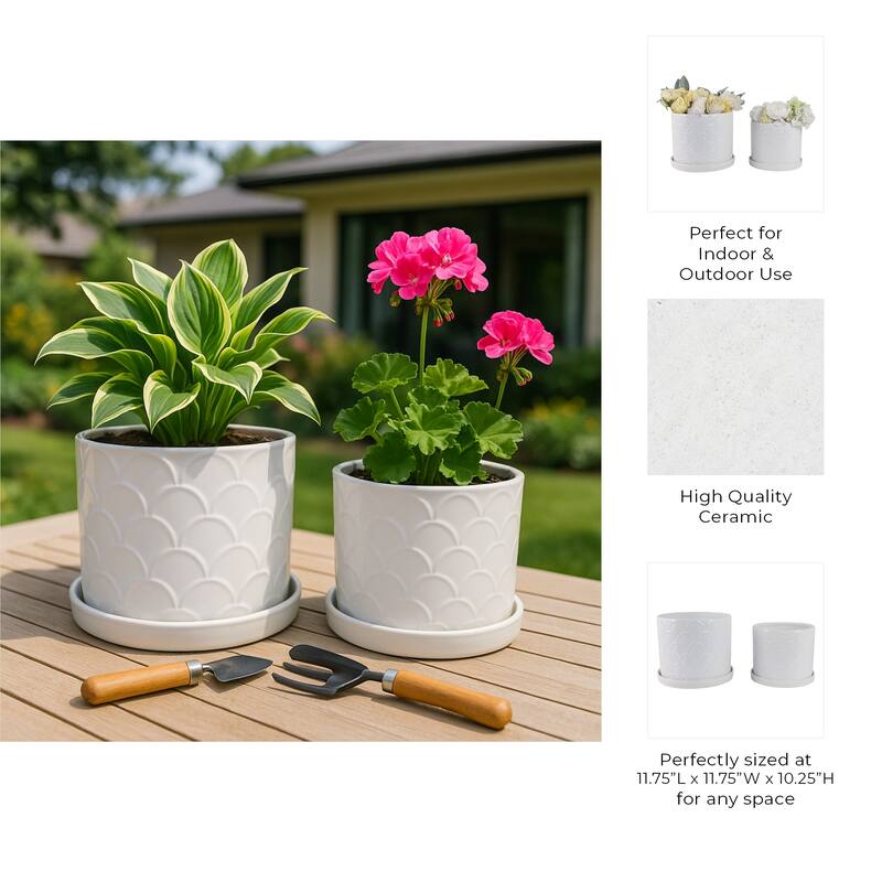 Ceramic Scallop Embossed Planters - Set of 2, 12",10", White - 11.75"