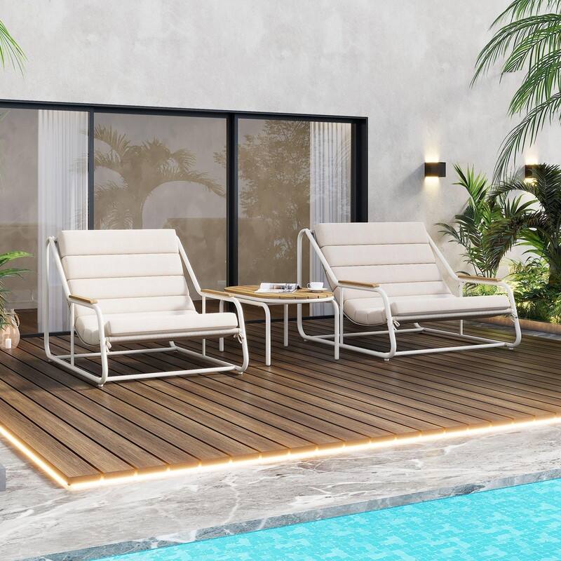 3-Piece Outdoor Chaise Lounge Chairs Set with Acacia Side Table Weather Resistant for Patio and Pool Relaxation