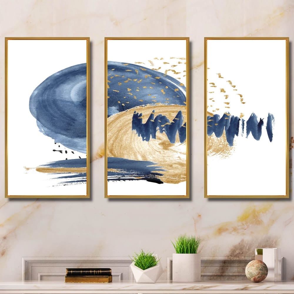 Designart "Dark Blue & Gold Abstract Circle Ocean Texture" Modern Framed Art Set of 3 - 4 Colors of Frames