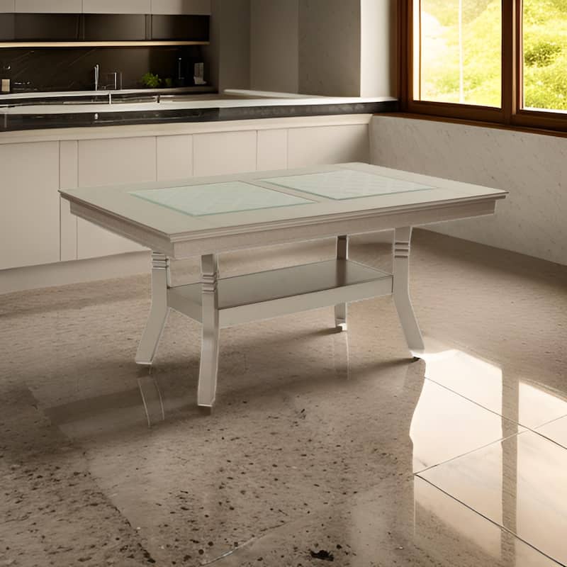 Teme 66 Inch Dining Table, Glass Top, Lower Shelf, Beige Rubberwood