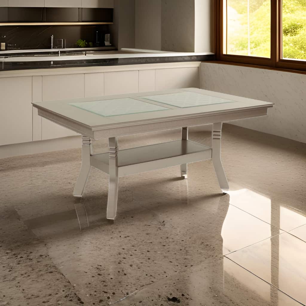Teme 66 Inch Dining Table, Glass Top, Lower Shelf, Beige Rubberwood