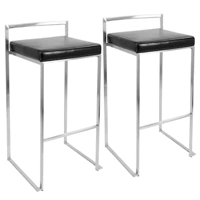 Set of 2 Barstools in Stainless Steel and Black Faux Leather 34"
