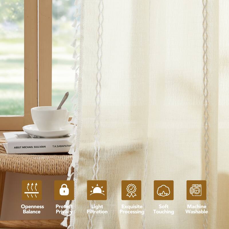 Deconovo Boho Sheer Curtain with Tassels & Embroidery 1 Panel