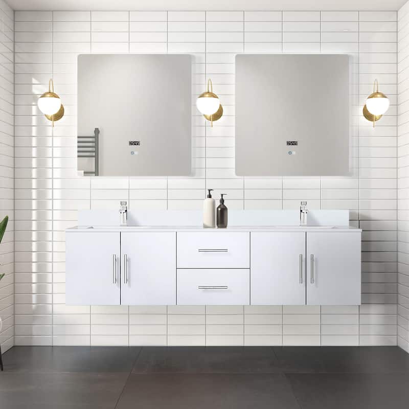 Geneva 72 in. W x 22 in. D Dark Grey Double Bath Vanity, White Quartz Top, Faucet Set, and 30 in. LED Mirrors - 72 Inch - Glossy White