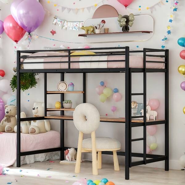 slide 2 of 26, Twin Metal Loft Bed with Desk and Shelve, Black, Modern Kids Loft Bed Black