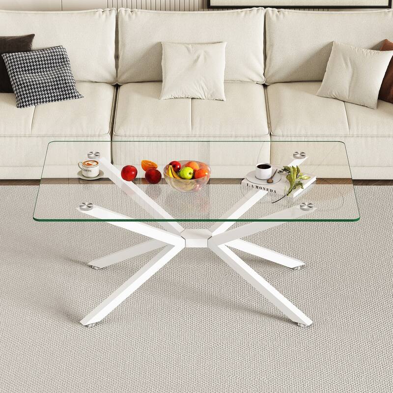Stylish Rectangular Glass Coffee Table with Sturdy Metal Legs for Various Rooms - White and Transparent