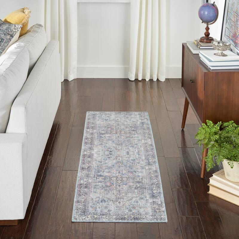 57 Grand by Nicole Curtis Vintage Medallion Machine Washable Area Rug - 2' x 6' - Light Grey/Blue