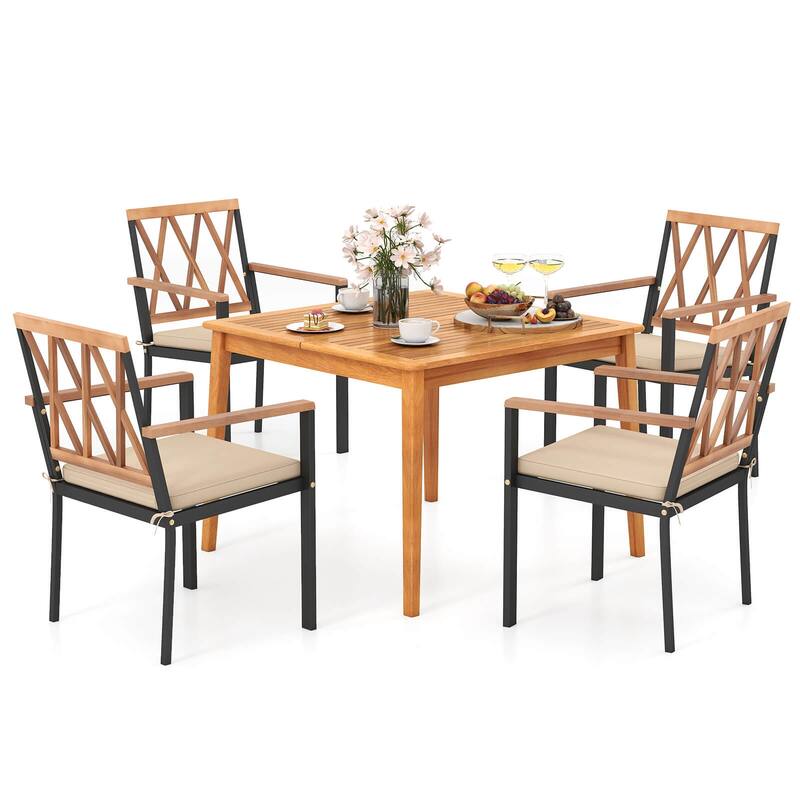 Costway 5 PCS Patio Acacia Wood Dining Set with Soft Seat Cushions
