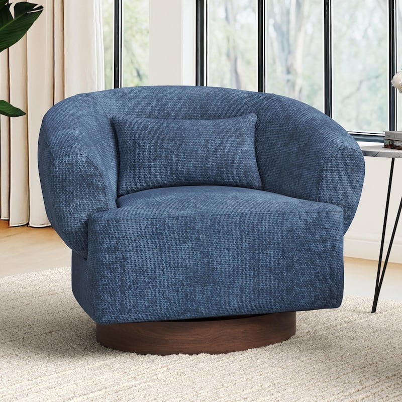 Modern Wooden Swivel Chair with Soft Chenille Barrel Accent Chair Upholstery Armchair Living Room Chairs - Blue - Single