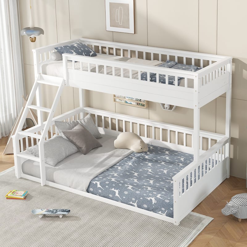 Twin XL over Queen Bunk Bed with Ladder and Guardrails, White