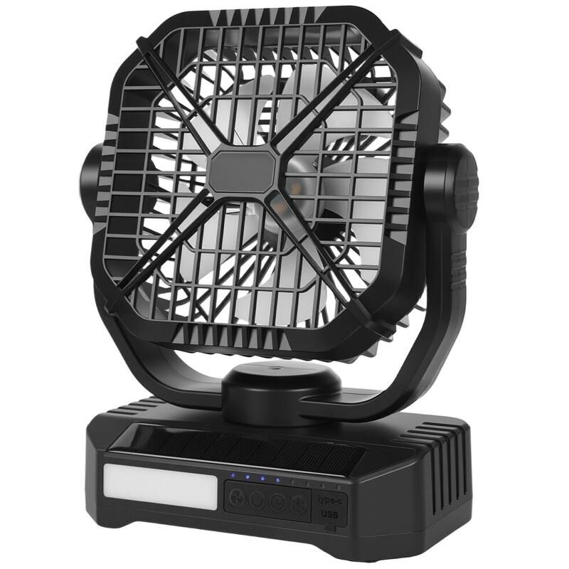 10400mAh Solar Fan Camping Fan with Solar Panel LED Lantern 7W 8 Inch - Black