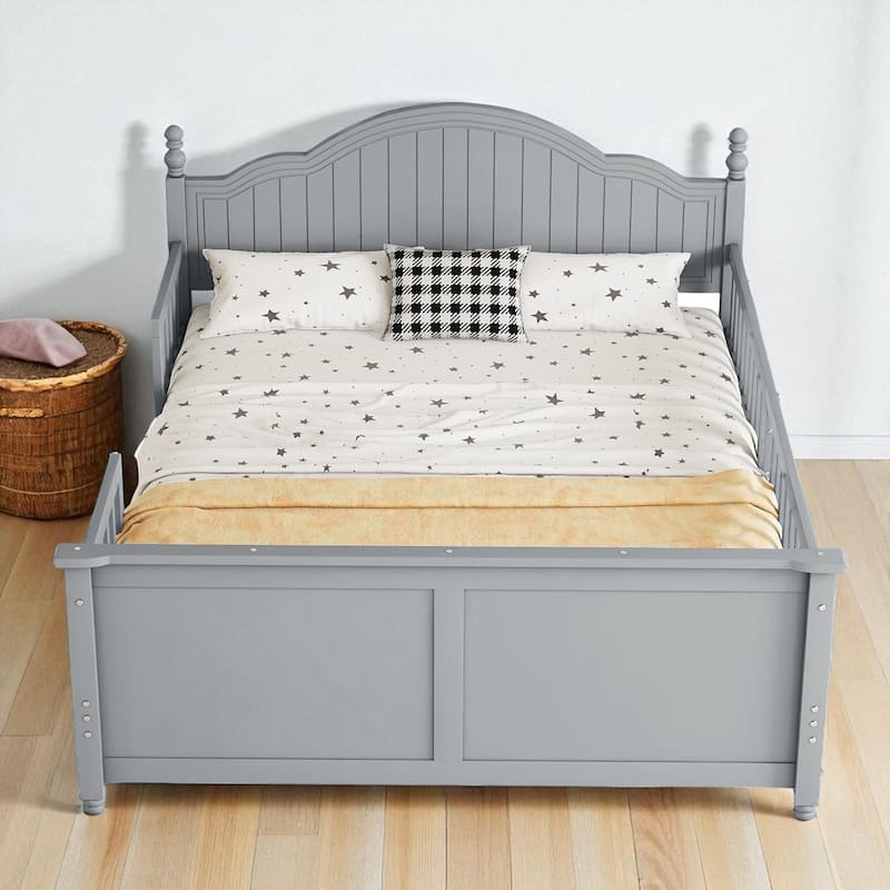 Twin/Full Size Wooden Kids Bed with Headboard, Footboard, Guardrails and Storage, Platform Bed Frame