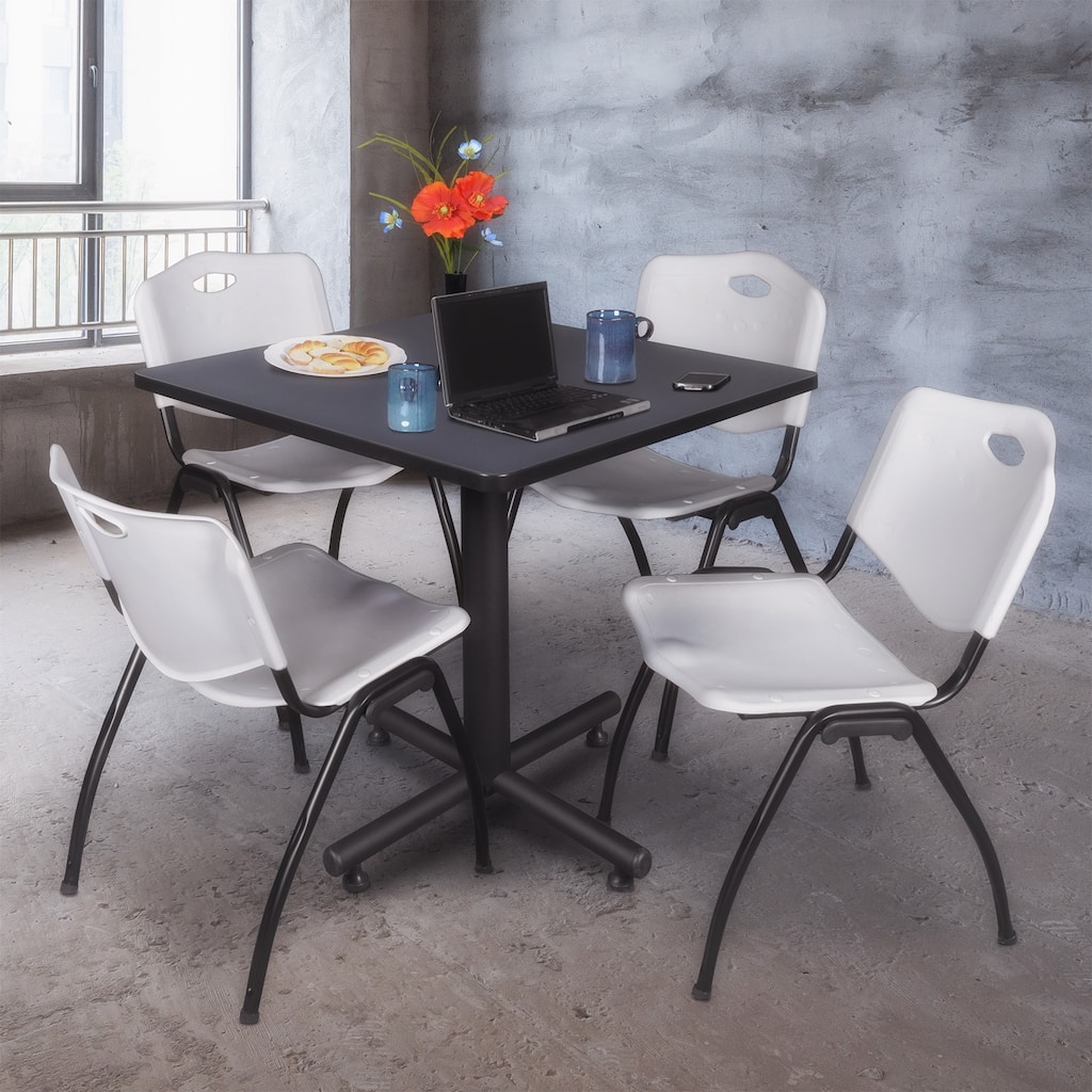42 in. Square Breakroom Table- Grey & 4 'M' Stack Chairs- Grey