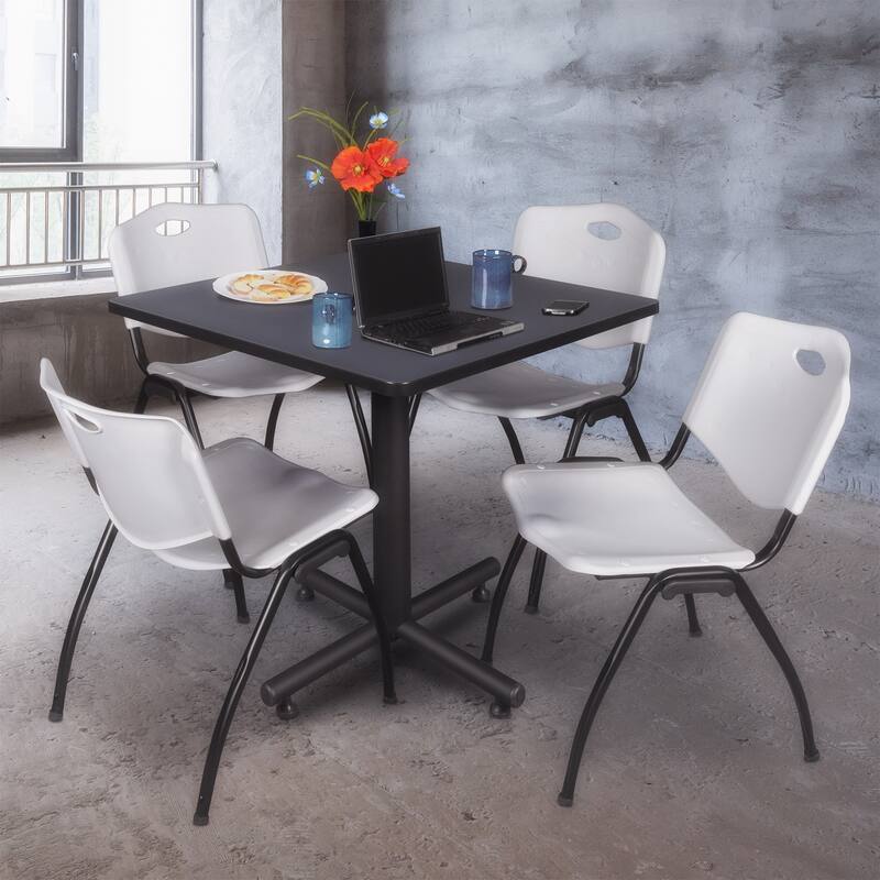 42 in. Square Breakroom Table- Grey & 4 'M' Stack Chairs- Grey