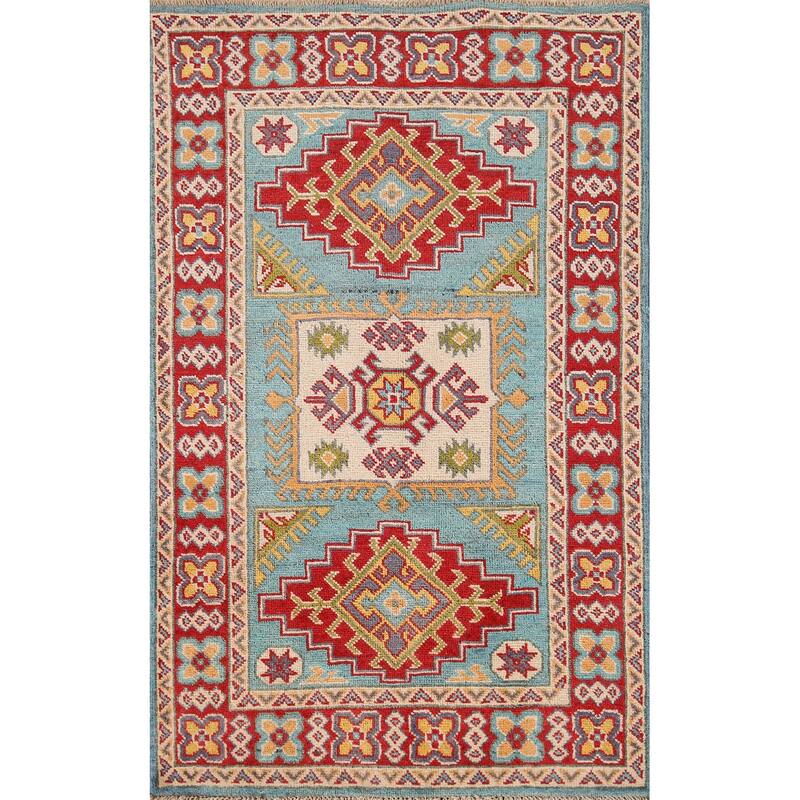 Geometric Blue Kazak Oriental Accent Rug Hand-Knotted Wool Carpet - 2'8" x 3'10"