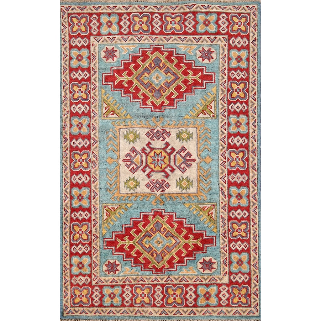 Geometric Blue Kazak Oriental Accent Rug Hand-Knotted Wool Carpet - 2'8" x 3'10"