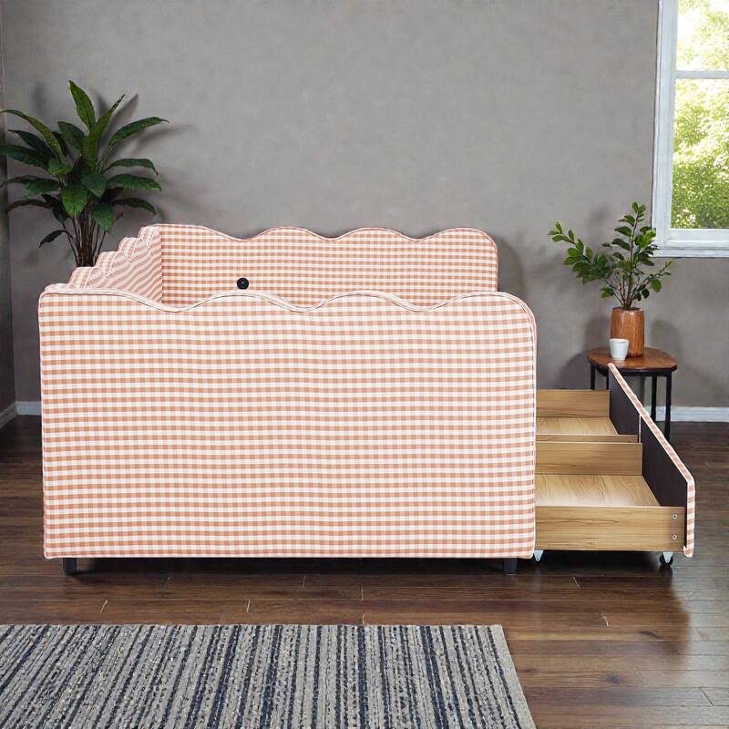 Full Size Gingham Upholstered Daybed with USB Port, Two Storage Drawers and Wave Shaped Design