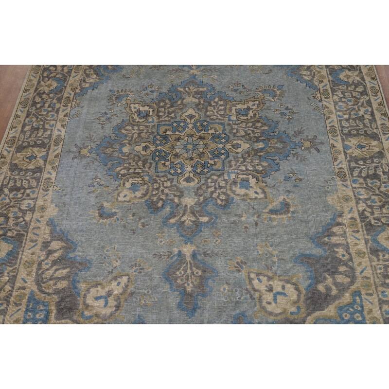 Hand Knotted Oriental 100% Wool Carpet Traditional Floral Navy Blue & Blues Tabriz Area Rug - 9' 5'' X 6' 5''