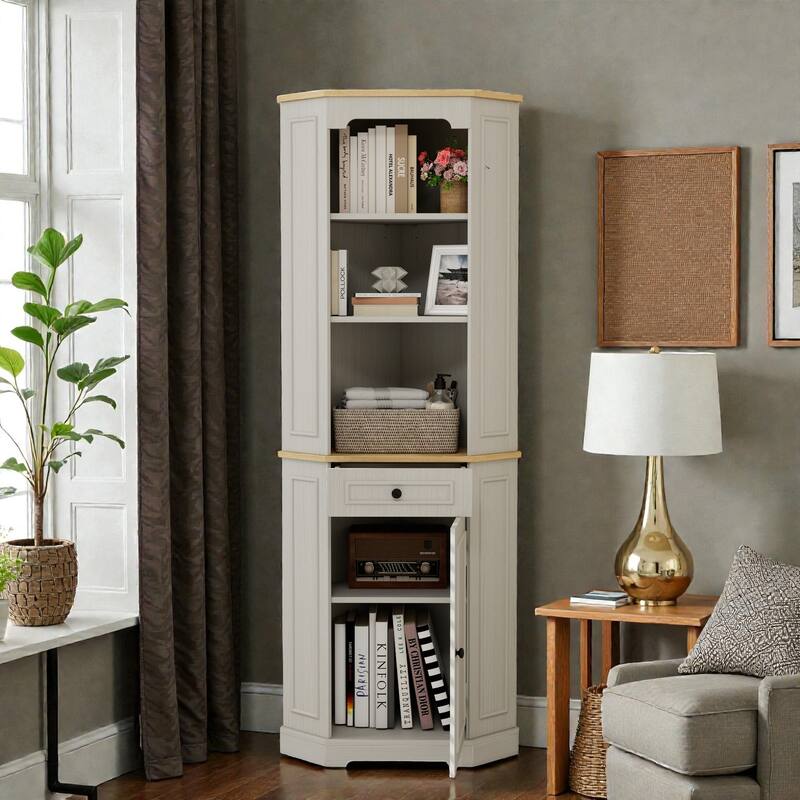 68" Tall Corner Cabinet, Freestanding Corner Storage Cabinet with Door, Drawer & Adjustable Shelf, Farmhouse Space-Saving Hutch