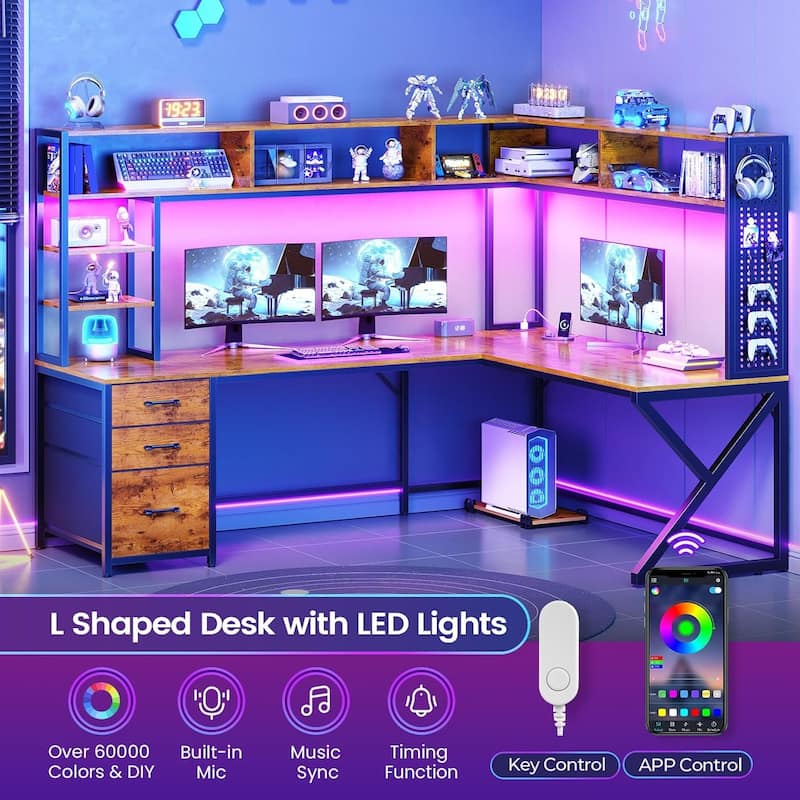 L Shaped Gaming Desk with Storage Shelves and Hutch Computer Desk 3 Drawers