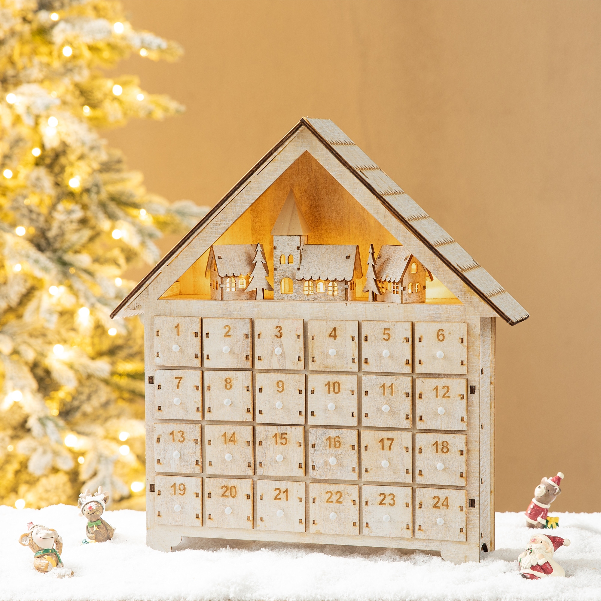 Glitzhome Christmas LED Lighted Wooden Countdown Advent Calendar - LED Lighted