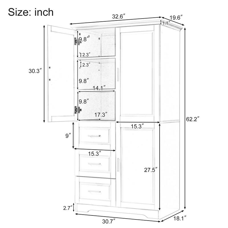 Tall and Wide Storage Cabinet with Doors,Three Drawers
