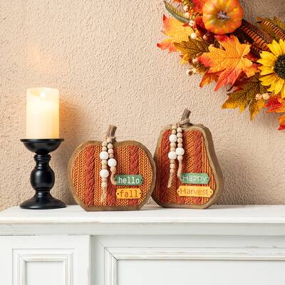 Glitzhome Set of 2 Fall Faux Knitted Resin Pumpkin