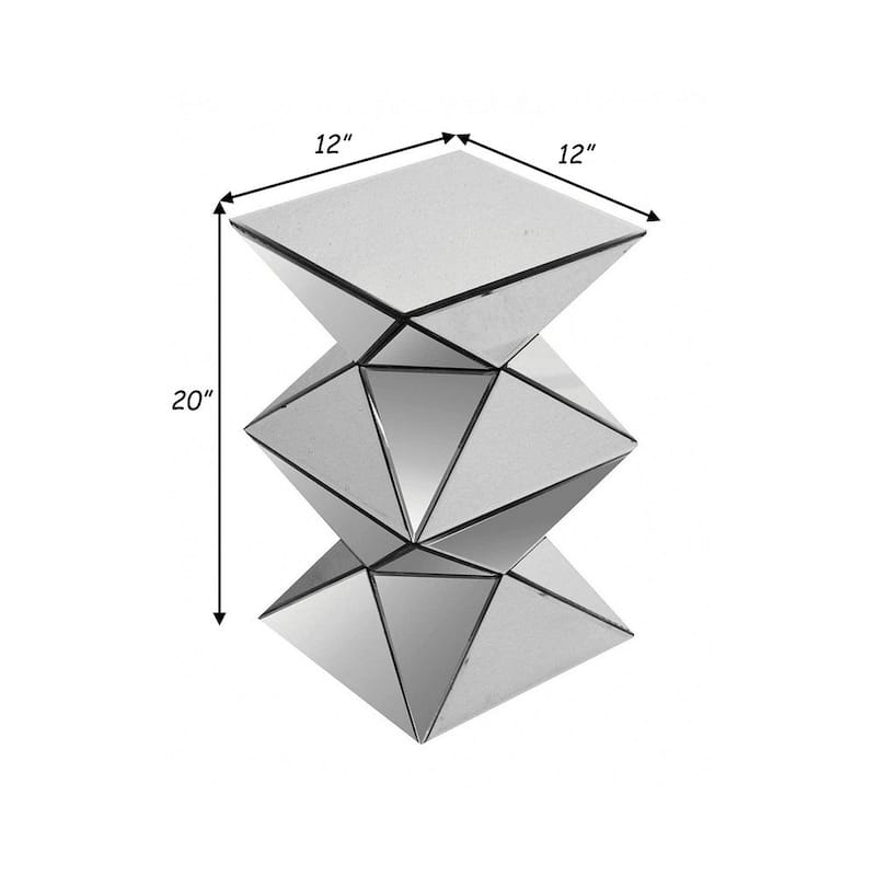 20 Inch Modern End Table, Square Mirror Top, Silver Geometric Pedestal Base - 12L x 12W x 20H in inches
