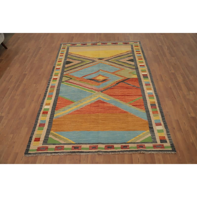 Hand Woven Oriental 100% Wool Carpet Southwestern Tribal Multi-Colored Kilim Area Rug - 8' 10'' X 5' 10''