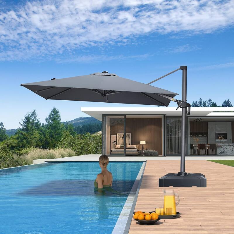 PURPLE LEAF 8ft Patio Umbrella with Base for Pool Outdoor Cantilever Umbrella Swimming Pool Umbrella with 360°Rotation - Light Grey