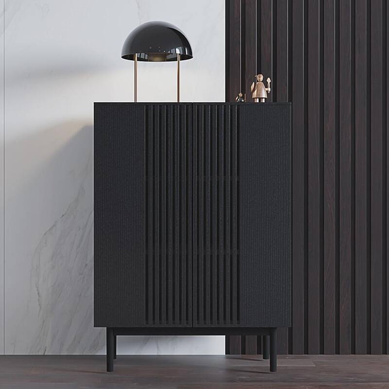 35.43'' Minimalist Side Cabinet，6 Compartments, Hollow-out Design, Solid Wood Veneer, Metal Legs, Black Accent Chest - 35.43 - Black - 35.43