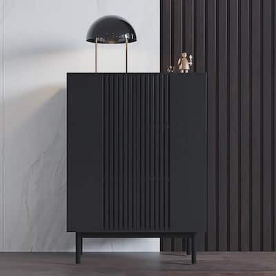 35.43'' Minimalist Side Cabinet，6 Compartments, Hollow-out Design, Solid Wood Veneer, Metal Legs, Black Accent Chest - 35.43