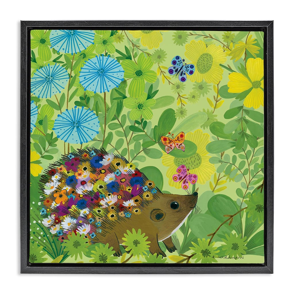 Stupell Happy Hedgehog & Flowers Framed Floater Canvas Wall Art Design By Kay Widdowson