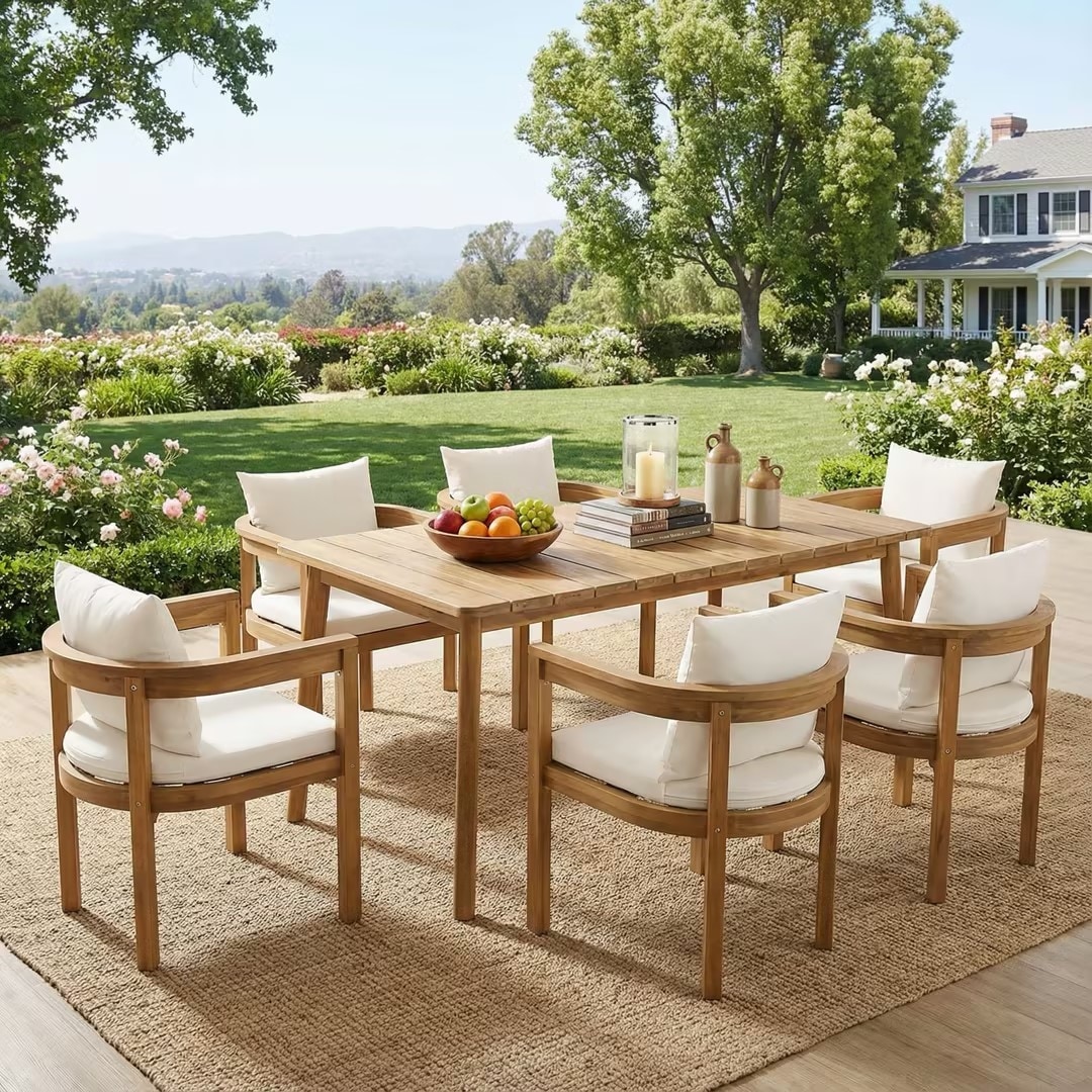 Christopher Knight Home - Porter 7-Piece Outdoor Dining Set, Acacia Wood Slatted Table, Cushioned Dining Chairs & Fastener Ties