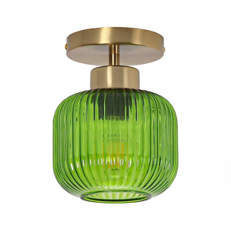 5.9" Wide Vintage Gold Semi Ceiling Light Flush Mount with Green Glass - D 5.9" x H 7.7"